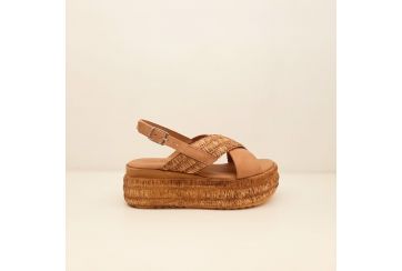 Sandalo donna in pelle e rafia con zeppa - CUOIO