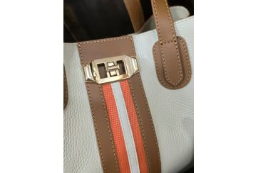 Borsa in pelle semirigida con doppi manici : Inserto in tessuto bicolore - BEIGE